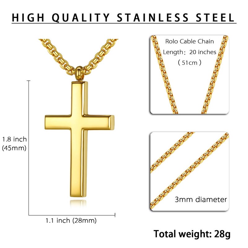 REVEMCN Simple Menâ€™s Stainless Steel Cross Pendant Chain Necklace for Men Women, 20-24 Inches Chain (20, Gold Tone - Rolo Cable Chain) - Image 5
